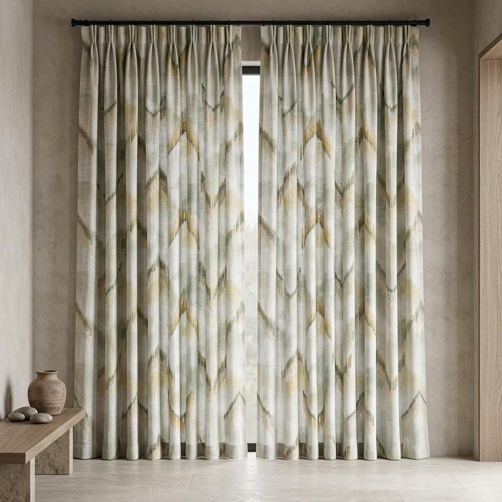 Ivory Sage Olive Pure Linen Embroidered Curtains, Mustard Gold Ikat Geometric Drapes, Custom Extra Long Blackout Panels — image 2