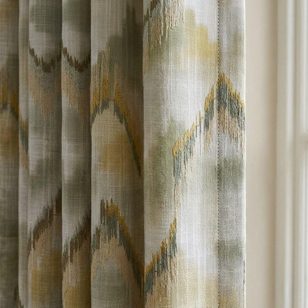 Ivory Sage Olive Pure Linen Embroidered Curtains, Mustard Gold Ikat Geometric Drapes, Custom Extra Long Blackout Panels — image 6