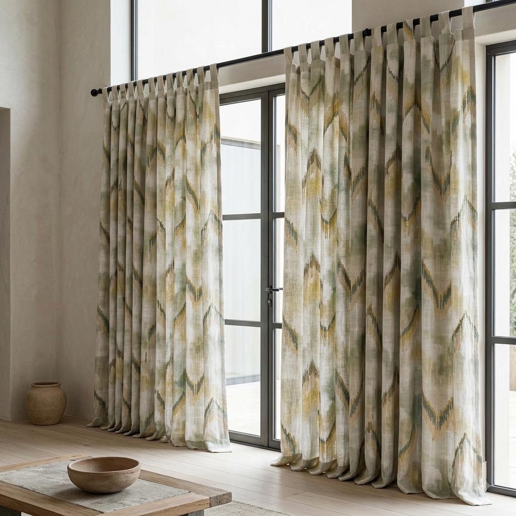 Ivory Sage Olive Pure Linen Embroidered Curtains, Mustard Gold Ikat Geometric Drapes, Custom Extra Long Blackout Panels — image 10