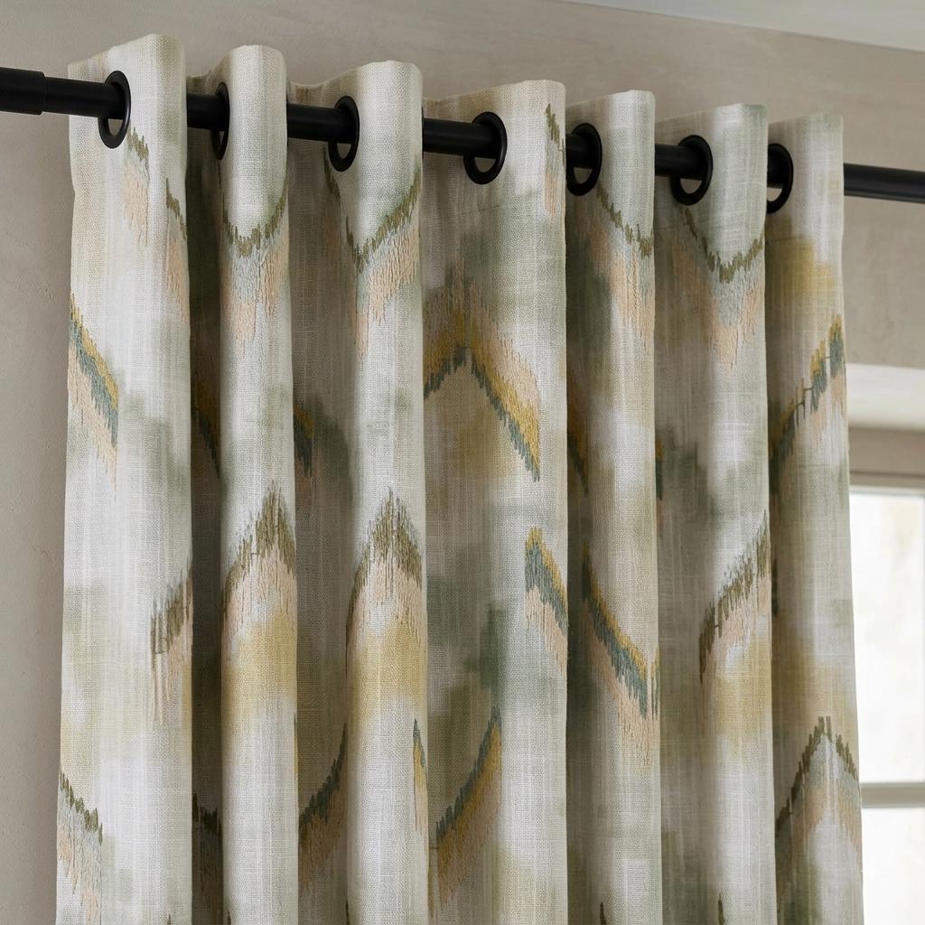 Ivory Sage Olive Pure Linen Embroidered Curtains, Mustard Gold Ikat Geometric Drapes, Custom Extra Long Blackout Panels — image 8