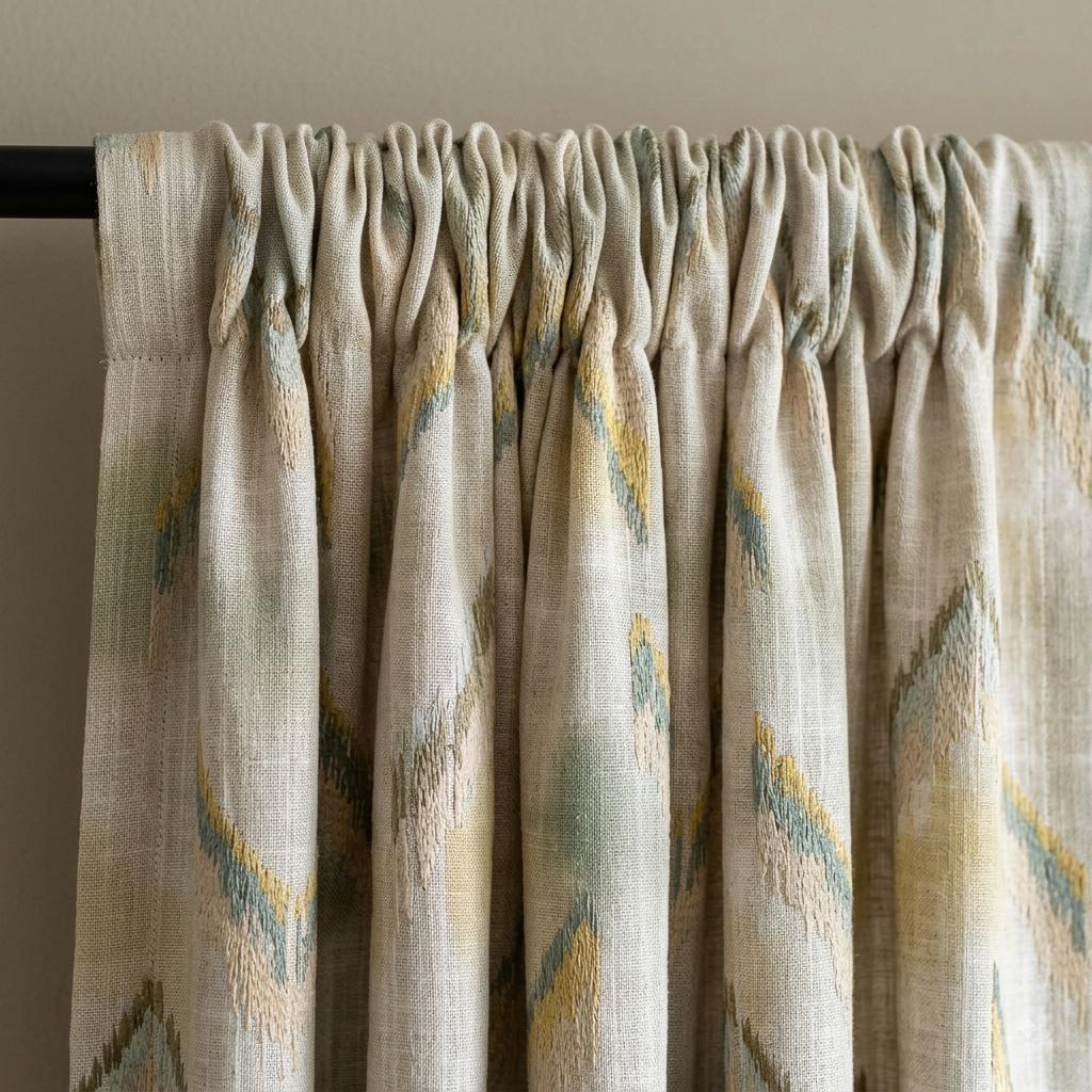 Ivory Sage Olive Pure Linen Embroidered Curtains, Mustard Gold Ikat Geometric Drapes, Custom Extra Long Blackout Panels — image 5