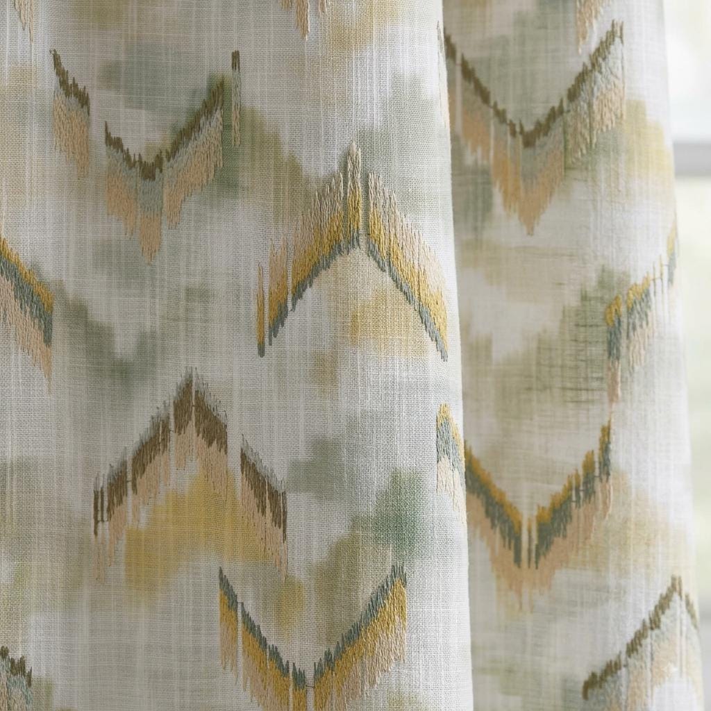 Ivory Sage Olive Pure Linen Embroidered Curtains, Mustard Gold Ikat Geometric Drapes, Custom Extra Long Blackout Panels — image 9