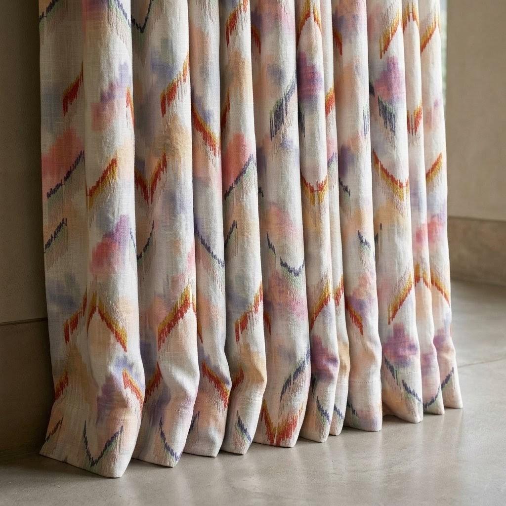 Ivory Multicolor Pure Linen Embroidered Curtains, Coral Navy Ikat Chevron Drapes, Custom Extra Long Blackout Panels — image 1