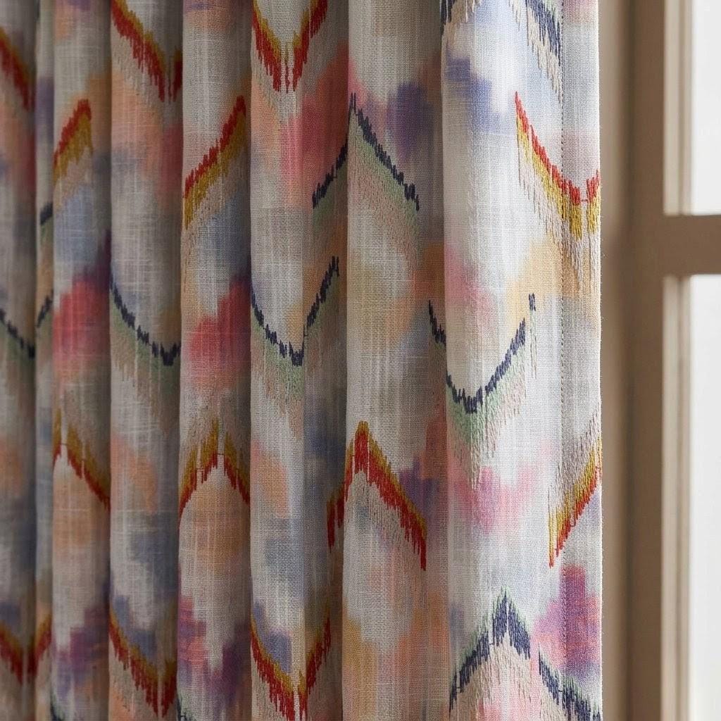 Ivory Multicolor Pure Linen Embroidered Curtains, Coral Navy Ikat Chevron Drapes, Custom Extra Long Blackout Panels — image 1