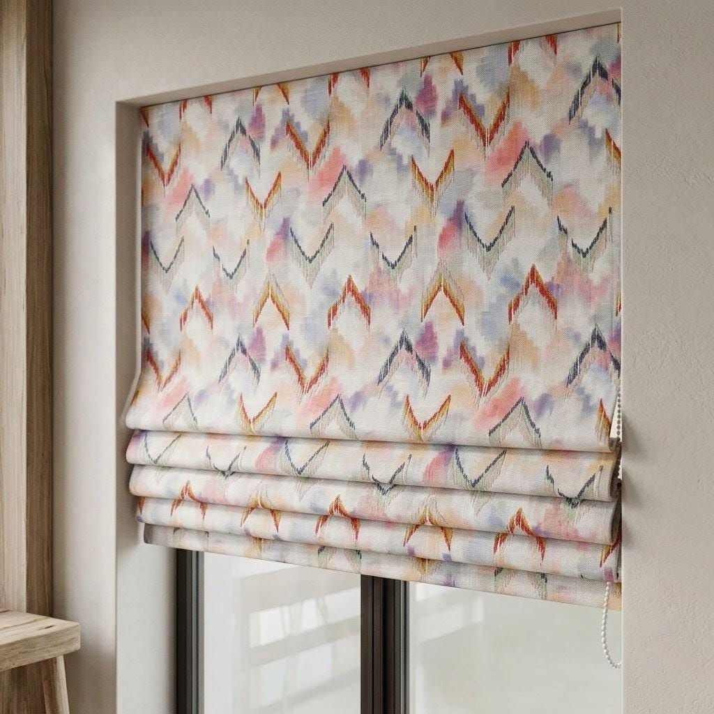 Multicolor Linen Roman Shade, Coral Navy Embroidered Ogee Trellis, Custom Blackout or Light Filtering Window Blind — image 1