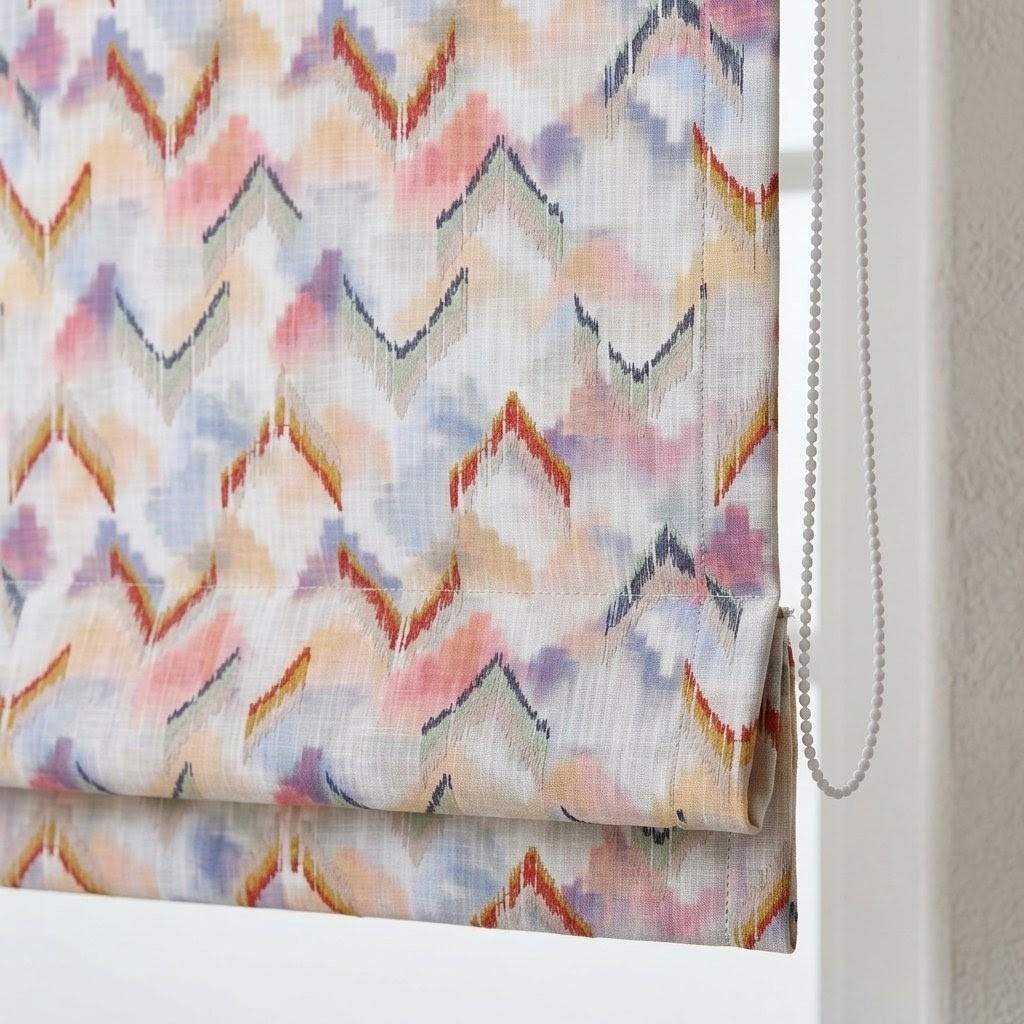 Multicolor Linen Roman Shade, Coral Navy Embroidered Ogee Trellis, Custom Blackout or Light Filtering Window Blind — image 1