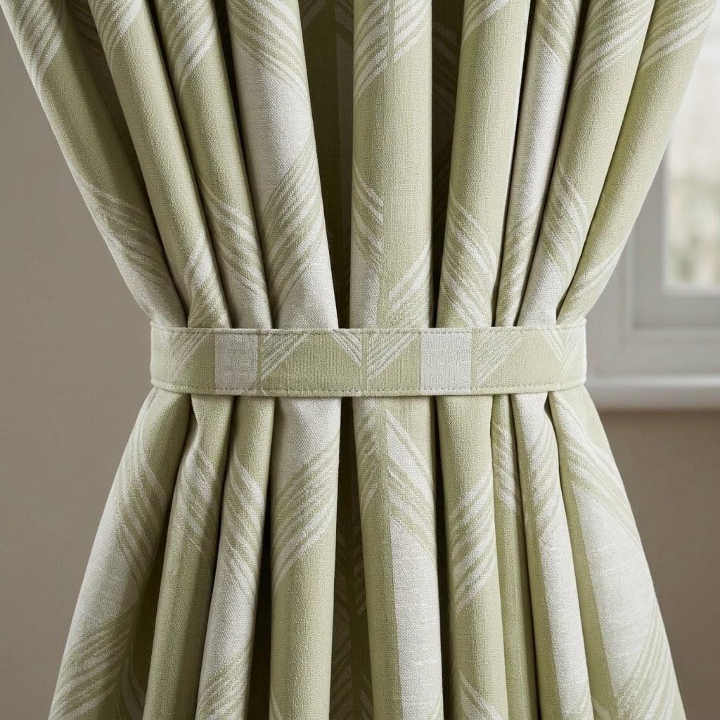 Pale Olive Green & Ivory Pure Linen Jacquard Curtains, Art Deco Geometric Chevron Drapes, Custom Extra Long Blackout Panels — image 1