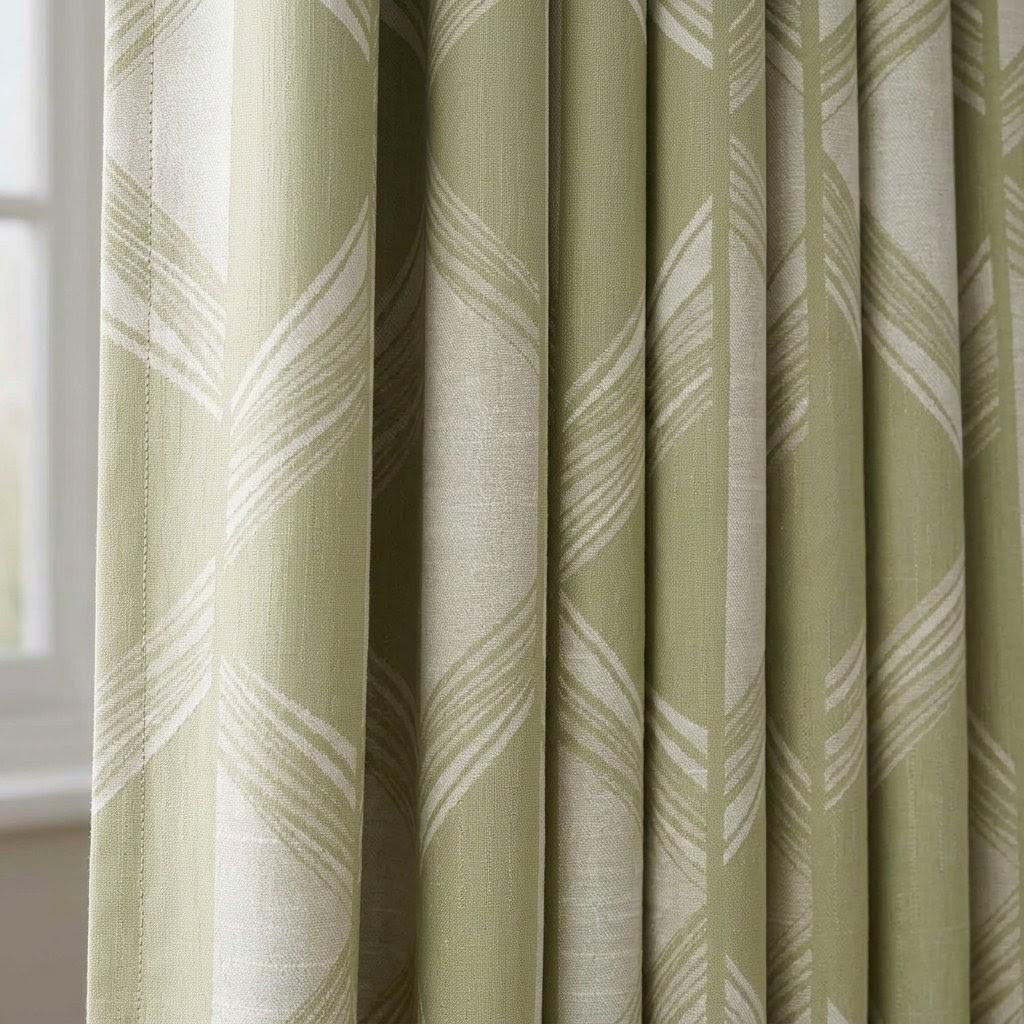 Pale Olive Green & Ivory Pure Linen Jacquard Curtains, Art Deco Geometric Chevron Drapes, Custom Extra Long Blackout Panels — image 1