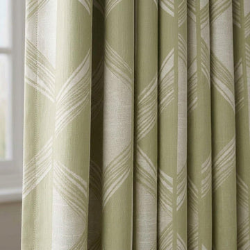 Pale Olive Green & Ivory Pure Linen Jacquard Curtains, Art Deco Geometric Chevron Drapes, Custom Extra Long Blackout Panels — image 1