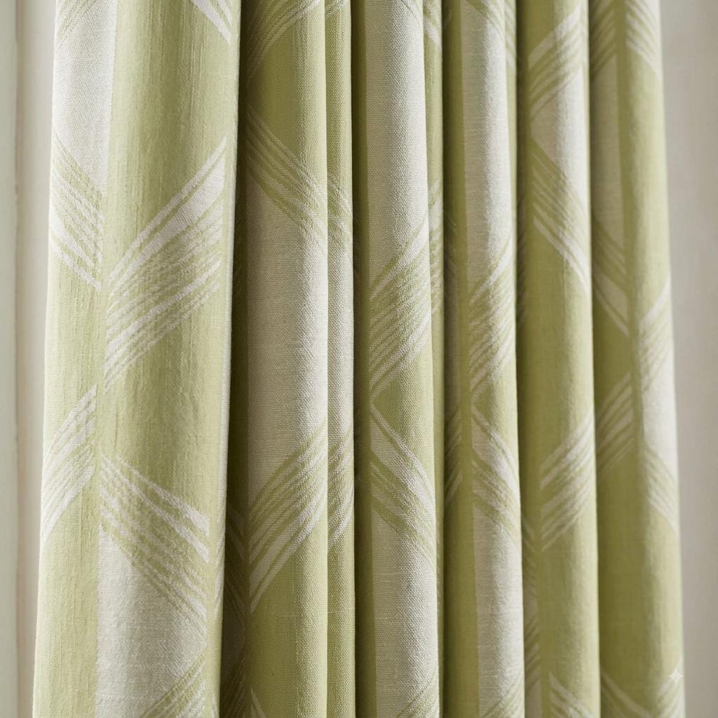 Pale Olive Green & Ivory Pure Linen Jacquard Curtains, Art Deco Geometric Chevron Drapes, Custom Extra Long Blackout Panels — image 7