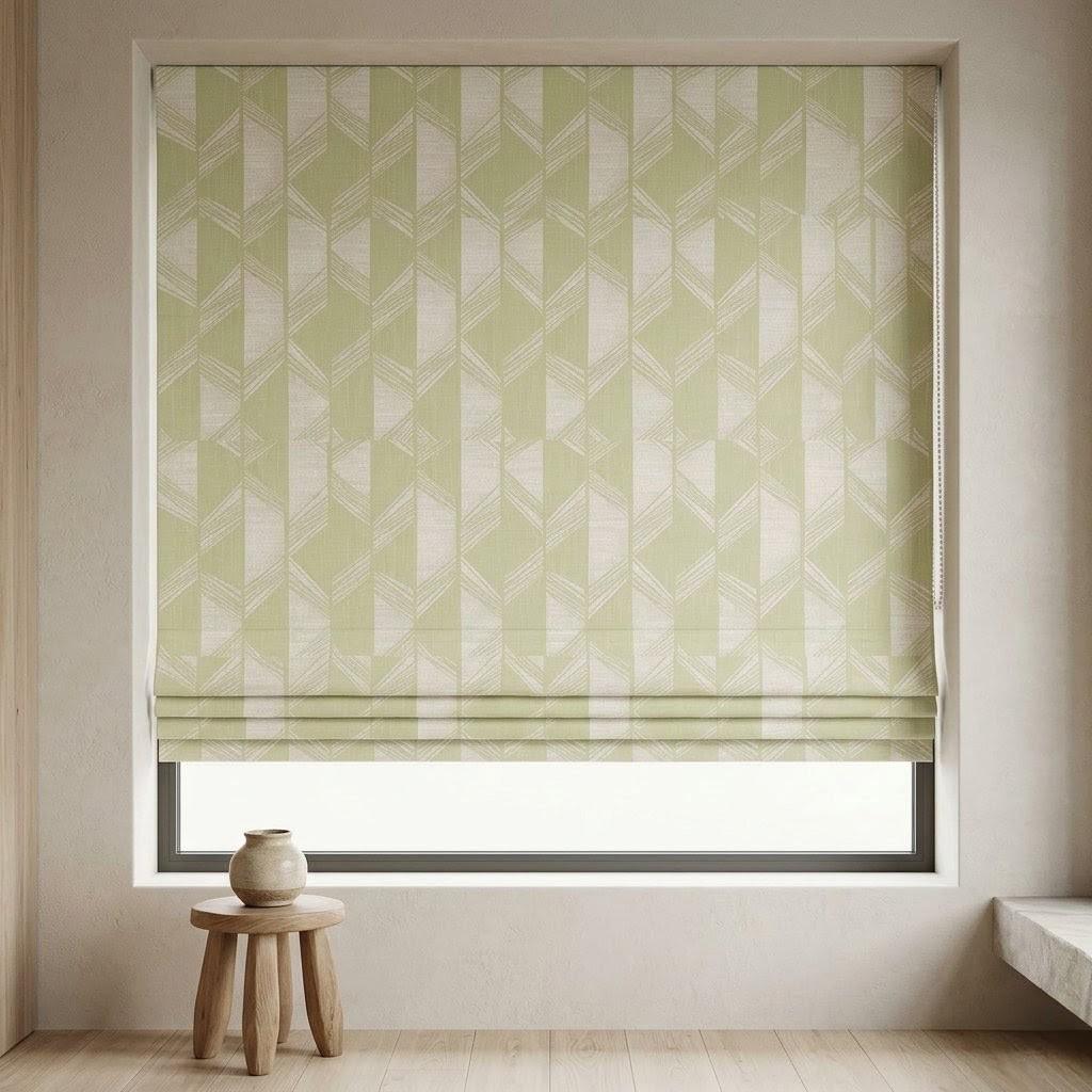 Pistachio Green & Ivory Linen Roman Shade, Geometric Jacquard, Custom Blackout or Light Filtering Window Blind — image 6