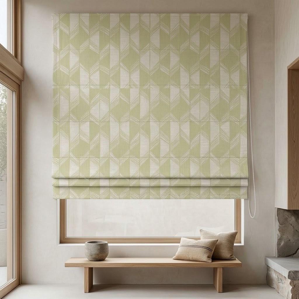 Pistachio Green & Ivory Linen Roman Shade, Geometric Jacquard, Custom Blackout or Light Filtering Window Blind — image 1