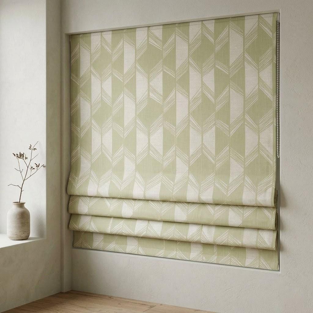 Pistachio Green & Ivory Linen Roman Shade, Geometric Jacquard, Custom Blackout or Light Filtering Window Blind — image 4
