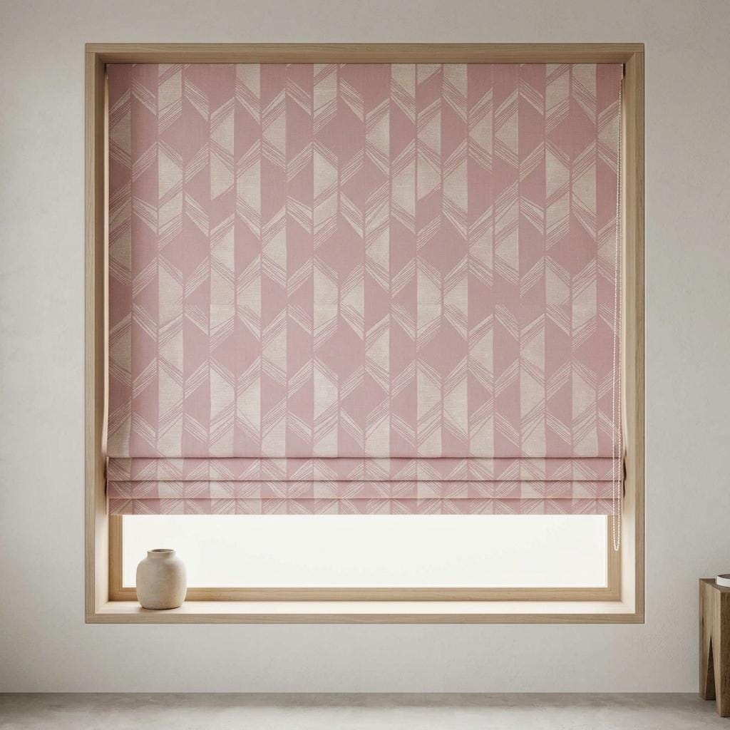 Blush Pink & Ivory Linen Roman Shade, Geometric Jacquard, Custom Blackout or Light Filtering Window Blind — image 2