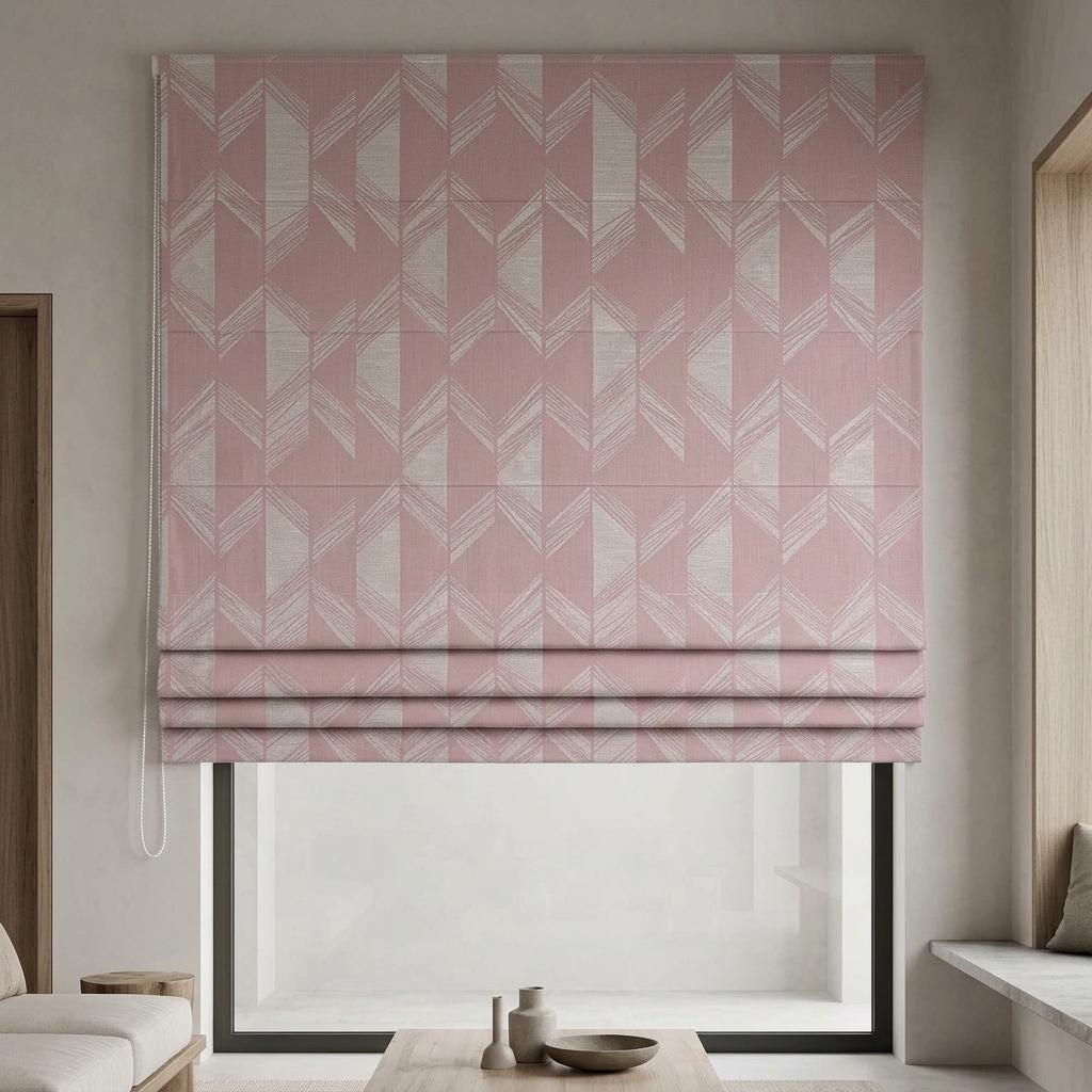 Blush Pink & Ivory Linen Roman Shade, Geometric Jacquard, Custom Blackout or Light Filtering Window Blind — image 7