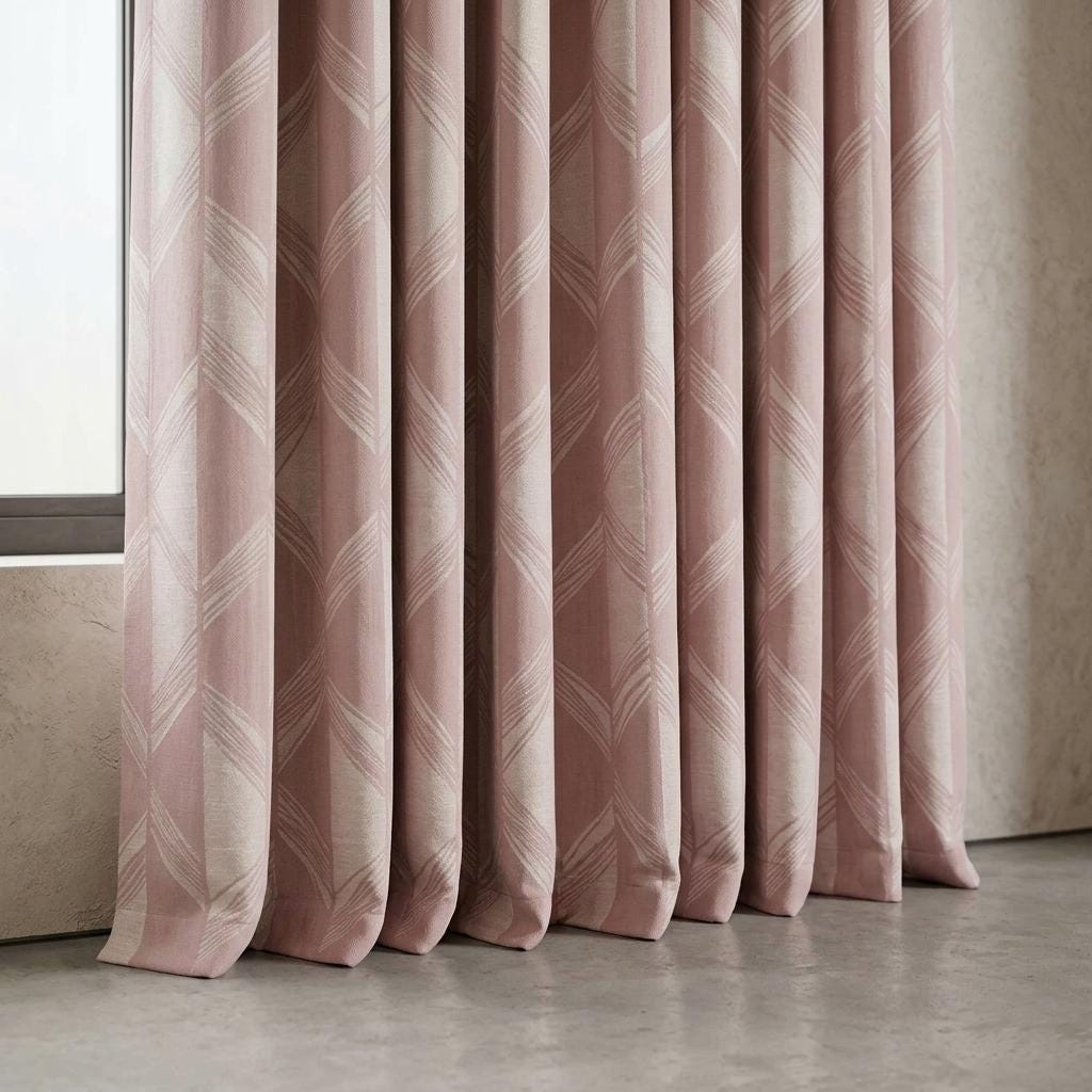 Blush Pink & Ivory Pure Linen Jacquard Curtains, Art Deco Geometric Chevron Drapes, Custom Extra Long Blackout Panels — image 2
