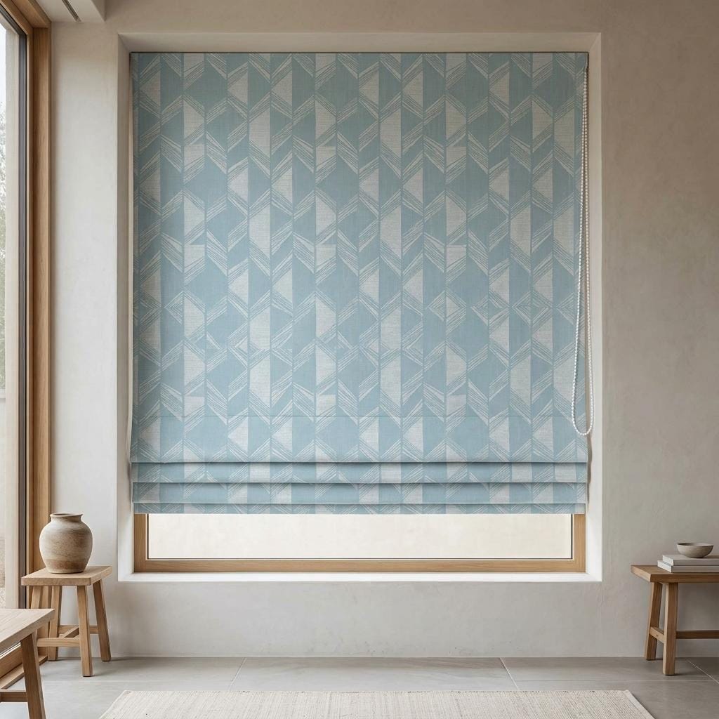 Powder Blue & Ivory Linen Roman Shade, Geometric Jacquard, Custom Blackout or Light Filtering Window Blind — image 1