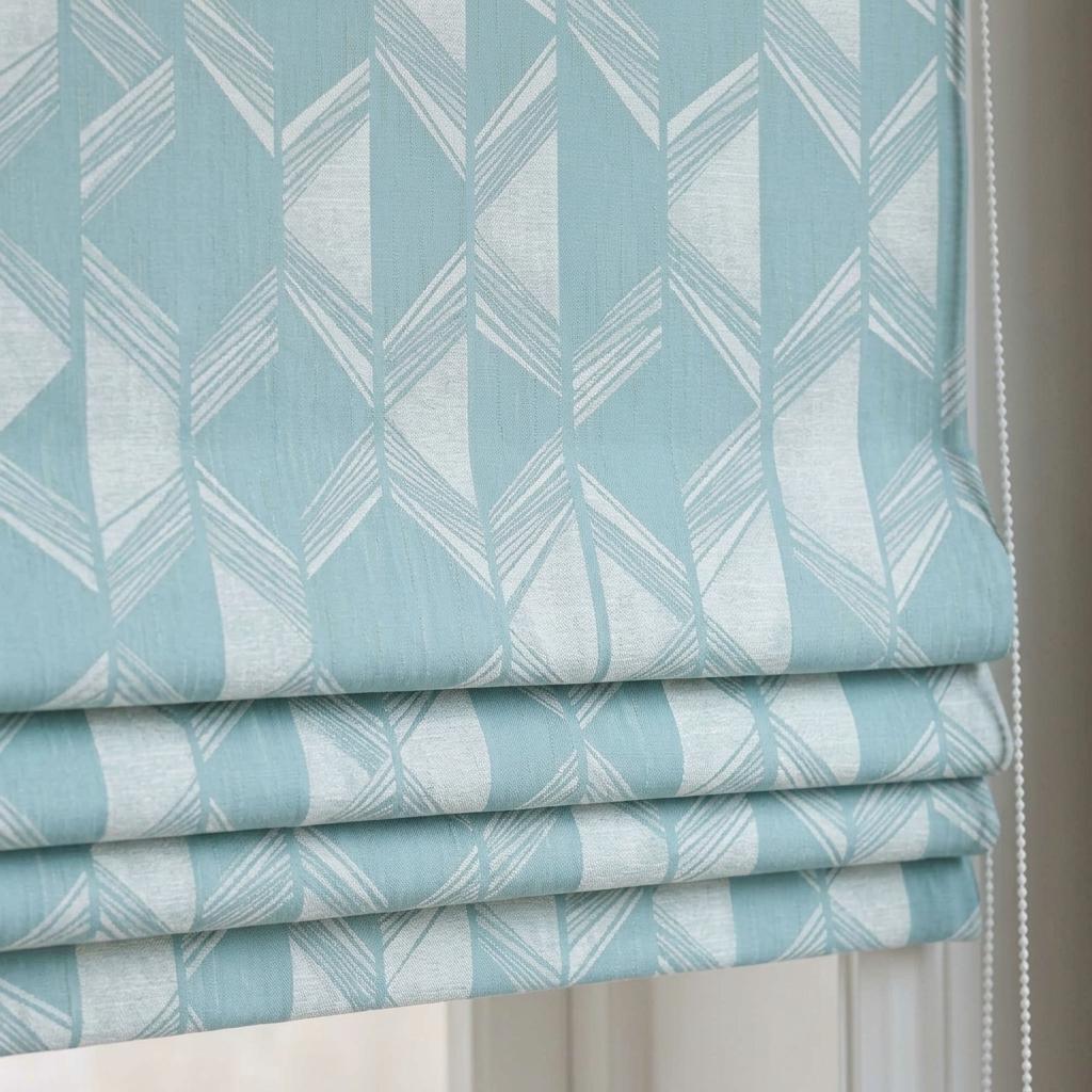 Powder Blue & Ivory Linen Roman Shade, Geometric Jacquard, Custom Blackout or Light Filtering Window Blind — image 1