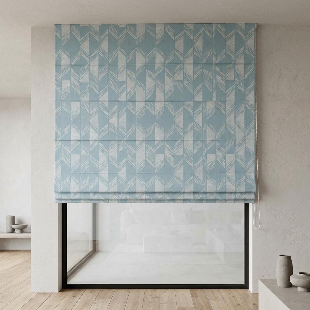 Powder Blue & Ivory Linen Roman Shade, Geometric Jacquard, Custom Blackout or Light Filtering Window Blind — image 4