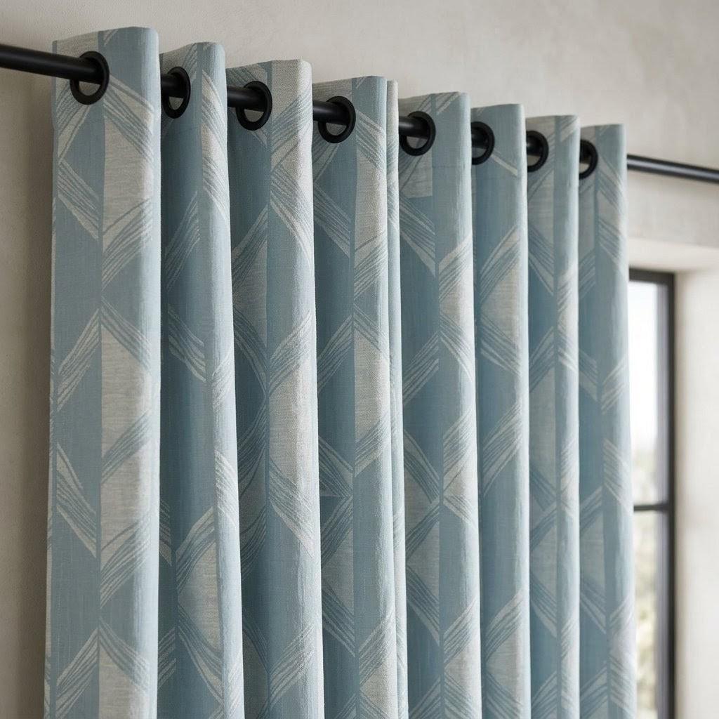 Powder Blue & Ivory Pure Linen Jacquard Curtains, Art Deco Geometric Drapes, Custom Extra Long Blackout Panels — image 1