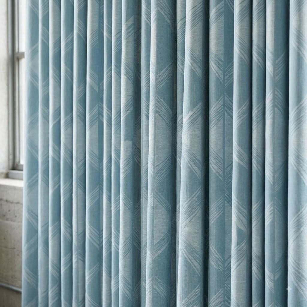 Powder Blue & Ivory Pure Linen Jacquard Curtains, Art Deco Geometric Drapes, Custom Extra Long Blackout Panels — image 8