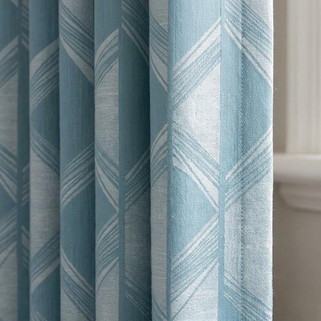 Powder Blue & Ivory Pure Linen Jacquard Curtains, Art Deco Geometric Drapes, Custom Extra Long Blackout Panels — image 1