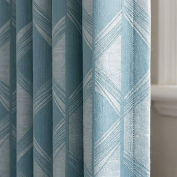 Powder Blue & Ivory Pure Linen Jacquard Curtains, Art Deco Geometric Drapes, Custom Extra Long Blackout Panels — image 1
