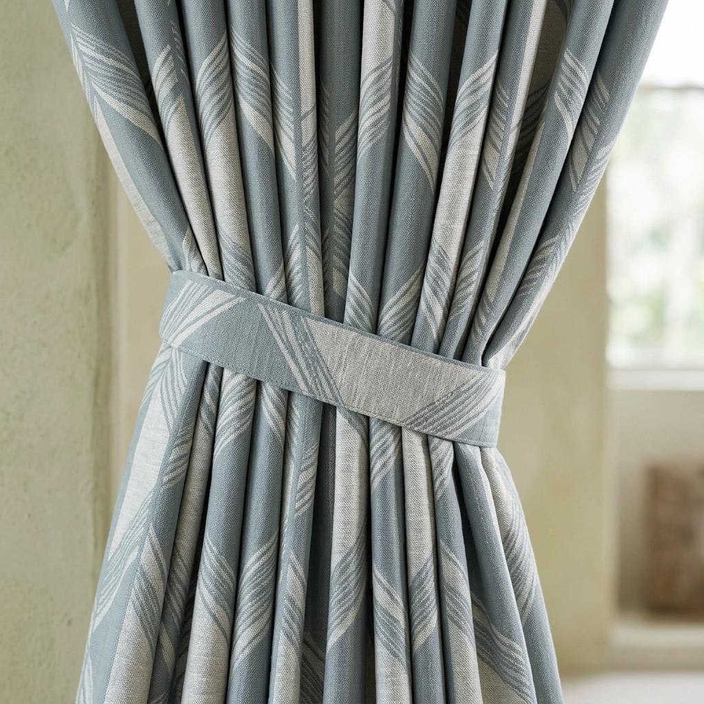 Powder Blue & Ivory Pure Linen Jacquard Curtains, Art Deco Geometric Drapes, Custom Extra Long Blackout Panels — image 7