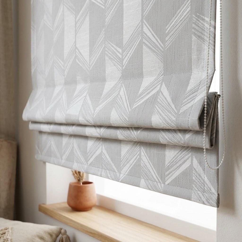 Pearl Gray & White Linen Roman Shade, Geometric Jacquard, Custom Blackout or Light Filtering Window Blind — image 3