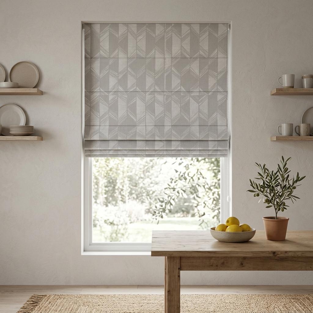 Pearl Gray & White Linen Roman Shade, Geometric Jacquard, Custom Blackout or Light Filtering Window Blind — image 7