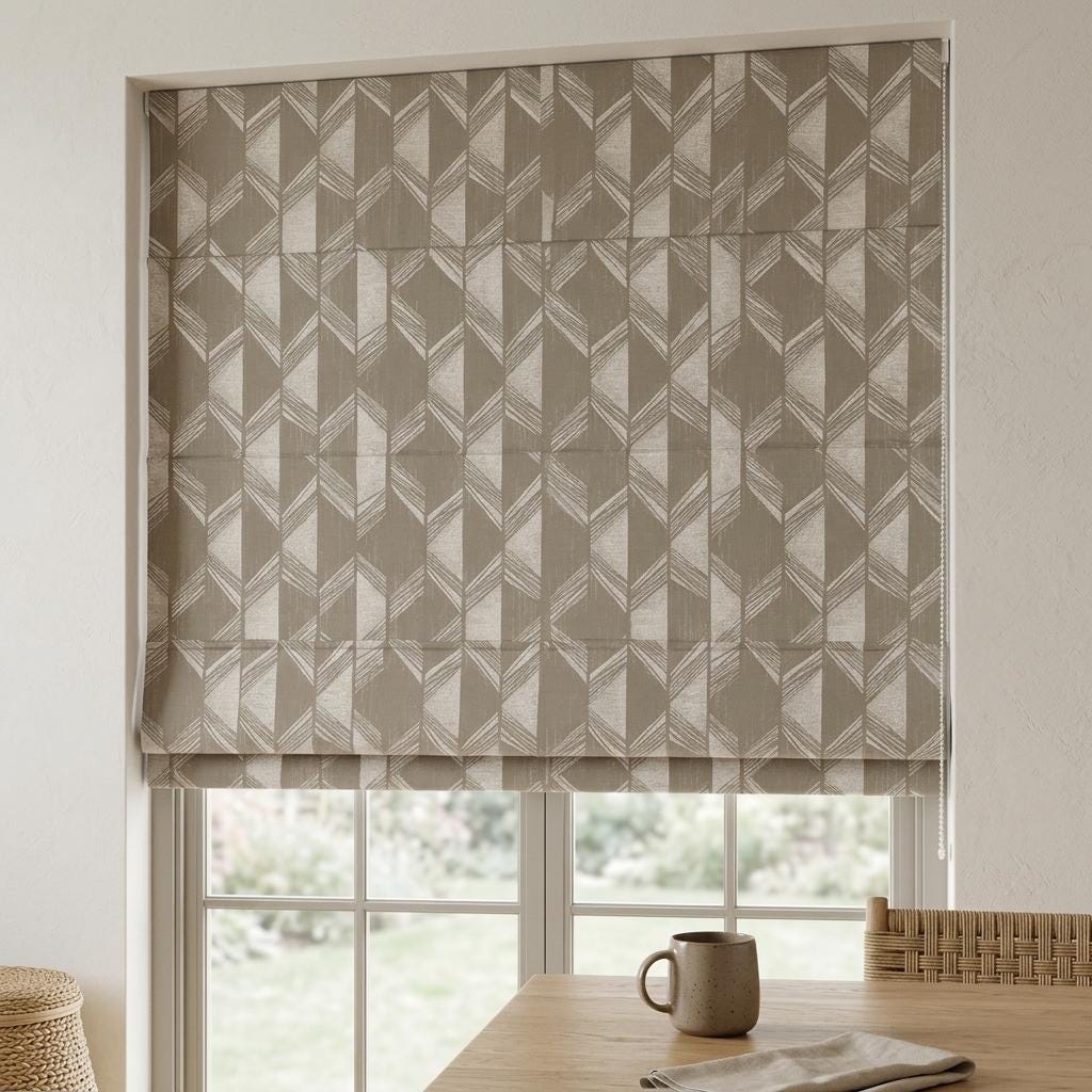 Warm Taupe & Ivory Linen Roman Shade, Modern Geometric Jacquard, Custom Blackout or Light Filtering Window Blind — image 1