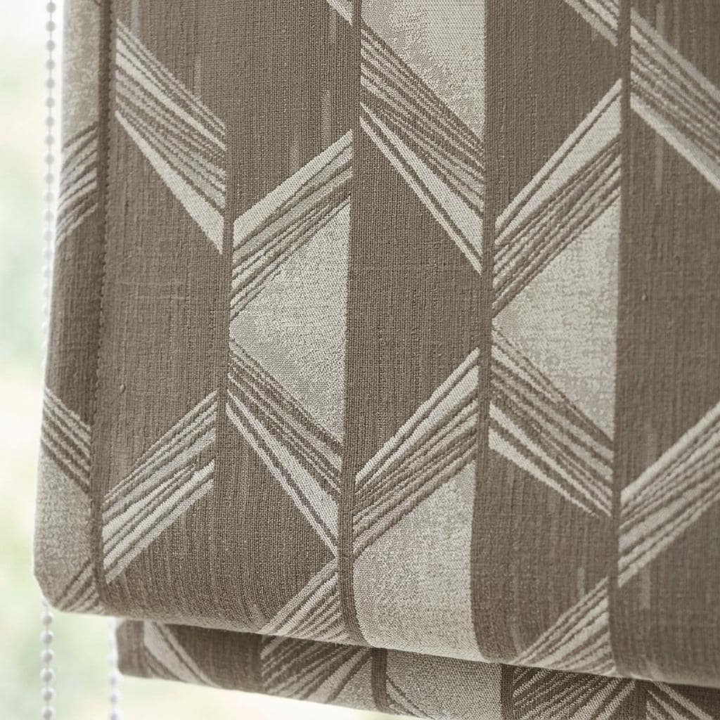 Warm Taupe & Ivory Linen Roman Shade, Modern Geometric Jacquard, Custom Blackout or Light Filtering Window Blind — image 1