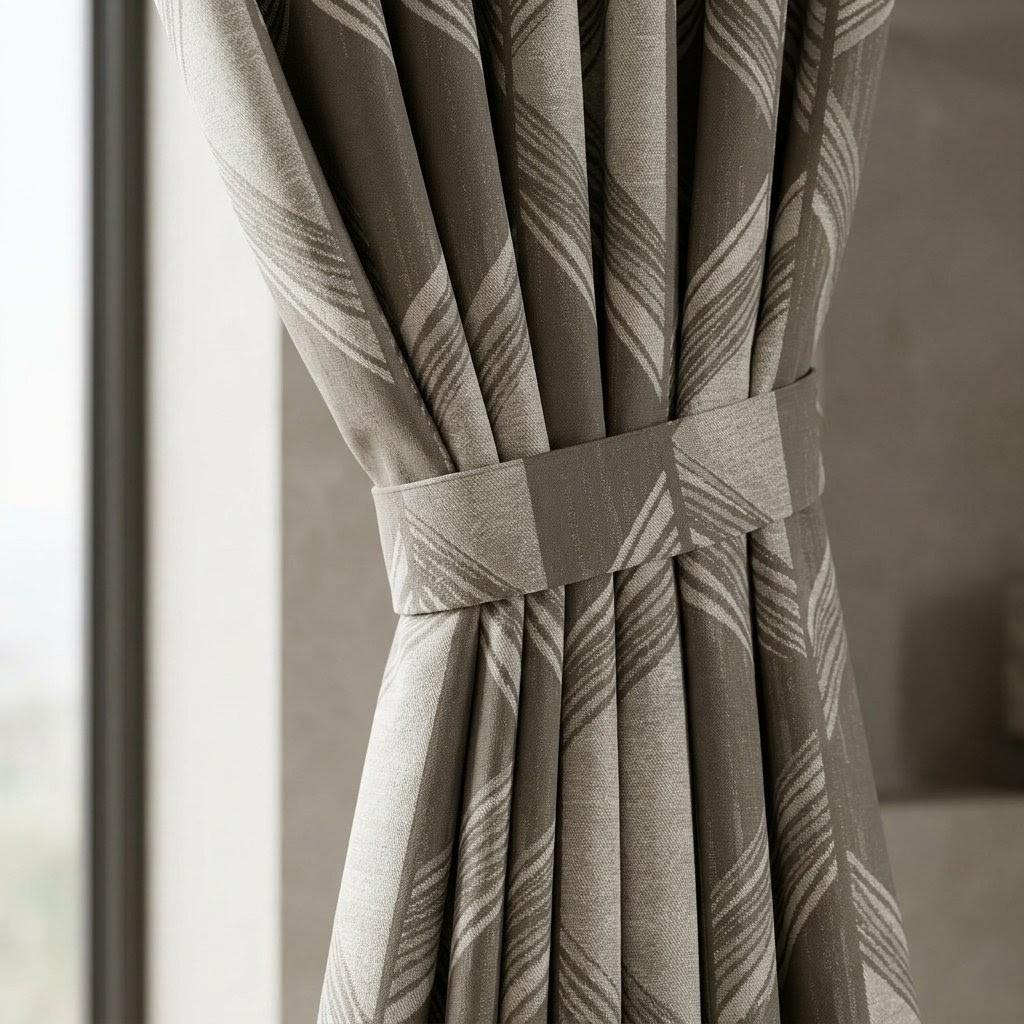 Warm Taupe & Ivory Pure Linen Jacquard Curtains, Art Deco Geometric Chevron Drapes, Custom Extra Long Blackout Panels — image 4