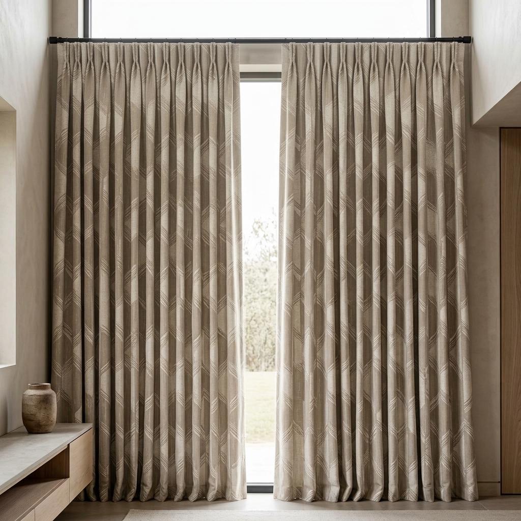 Warm Taupe & Ivory Pure Linen Jacquard Curtains, Art Deco Geometric Chevron Drapes, Custom Extra Long Blackout Panels — image 7