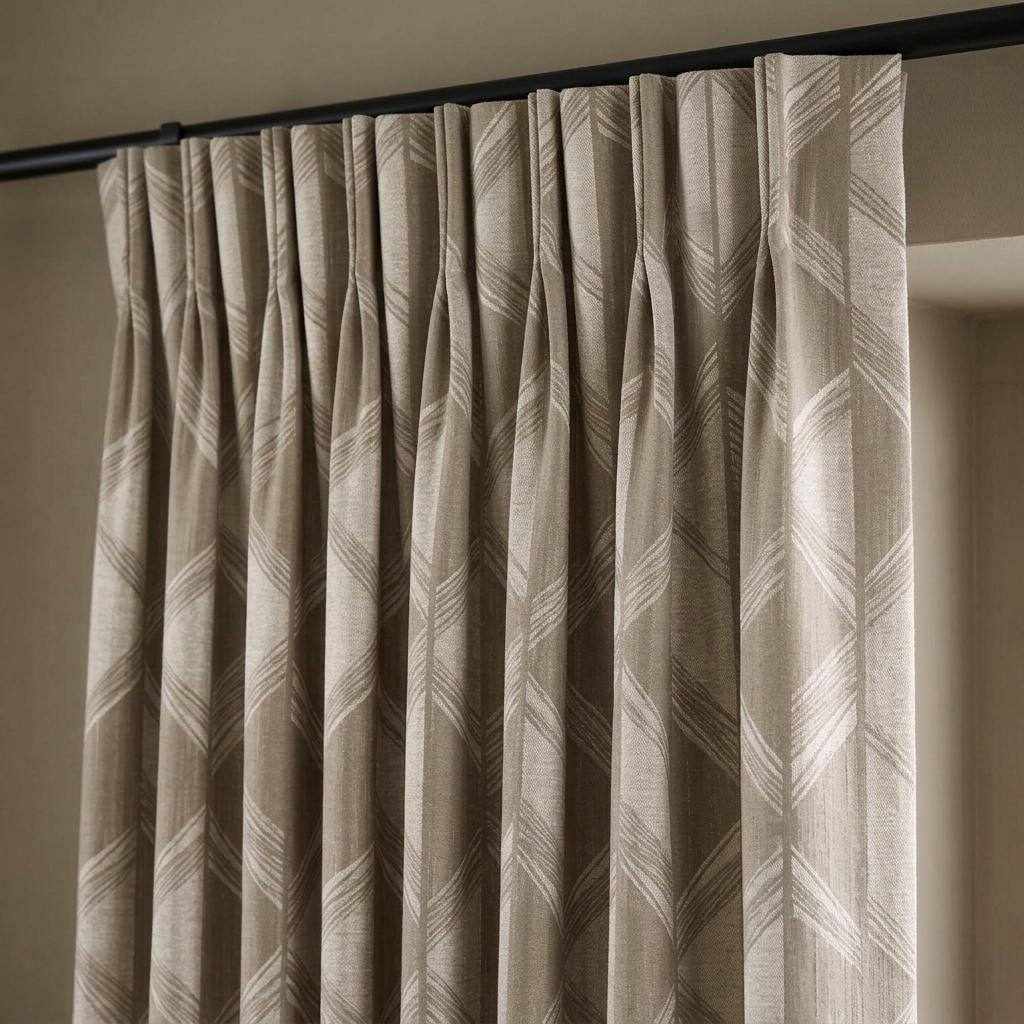 Warm Taupe & Ivory Pure Linen Jacquard Curtains, Art Deco Geometric Chevron Drapes, Custom Extra Long Blackout Panels — image 3
