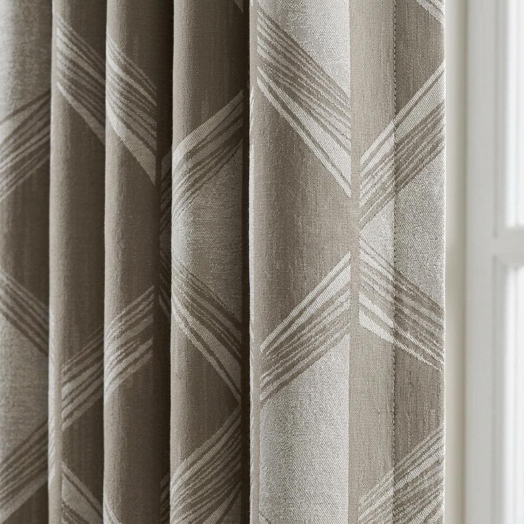 Warm Taupe & Ivory Pure Linen Jacquard Curtains, Art Deco Geometric Chevron Drapes, Custom Extra Long Blackout Panels — image 1