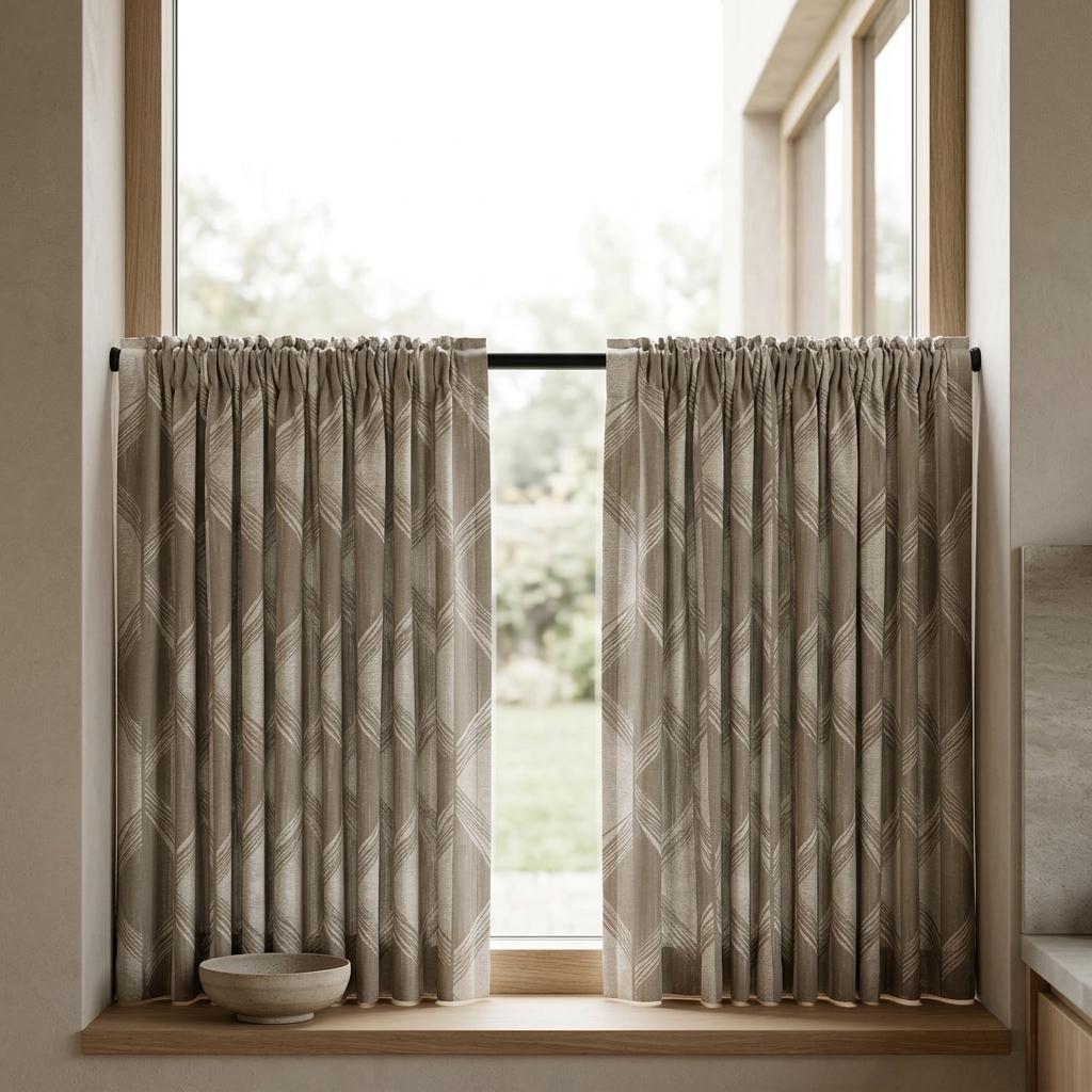 Warm Taupe & Ivory Pure Linen Jacquard Curtains, Art Deco Geometric Chevron Drapes, Custom Extra Long Blackout Panels — image 6
