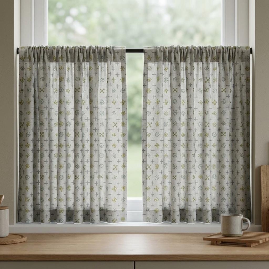 Natural Gray Pure Linen Curtains, Olive Sage Aqua Mid Century Atomic Print Drapes, Custom Blackout or Light Filtering Panels — image 6