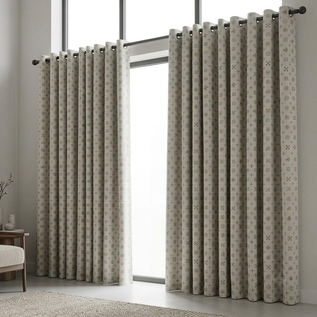 Natural Gray Pure Linen Curtains, Olive Sage Aqua Mid Century Atomic Print Drapes, Custom Blackout or Light Filtering Panels — image 7