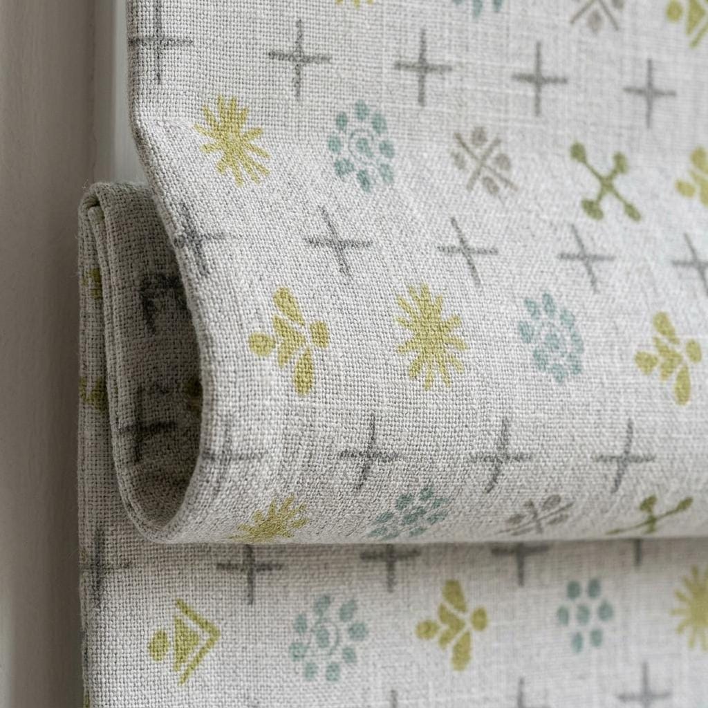 Natural Gray Linen Roman Shade, Olive Sage Mid Century Atomic Print Custom Blind, Blackout or Light Filtering Window Shade — image 3