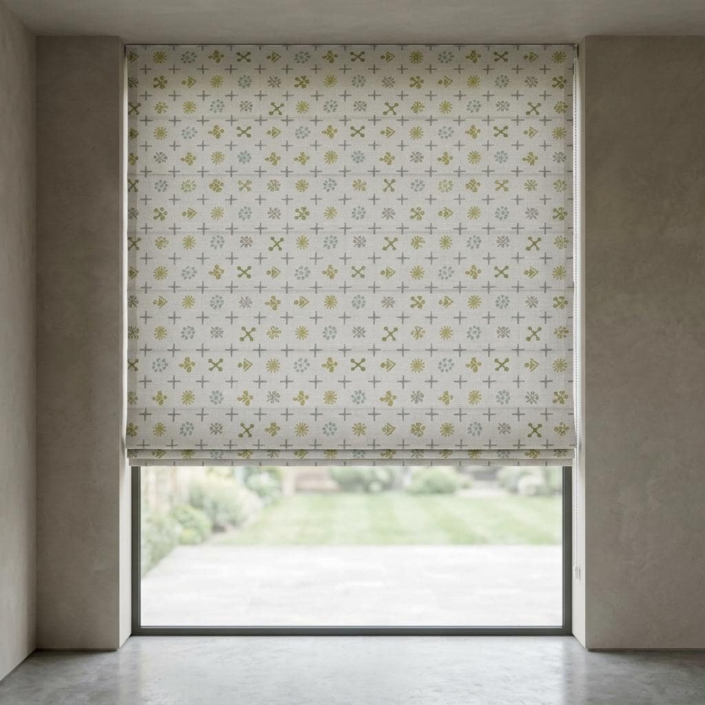 Natural Gray Linen Roman Shade, Olive Sage Mid Century Atomic Print Custom Blind, Blackout or Light Filtering Window Shade — image 8