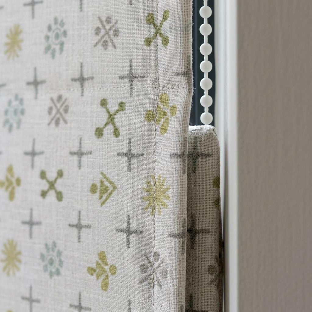 Natural Gray Linen Roman Shade, Olive Sage Mid Century Atomic Print Custom Blind, Blackout or Light Filtering Window Shade — image 7