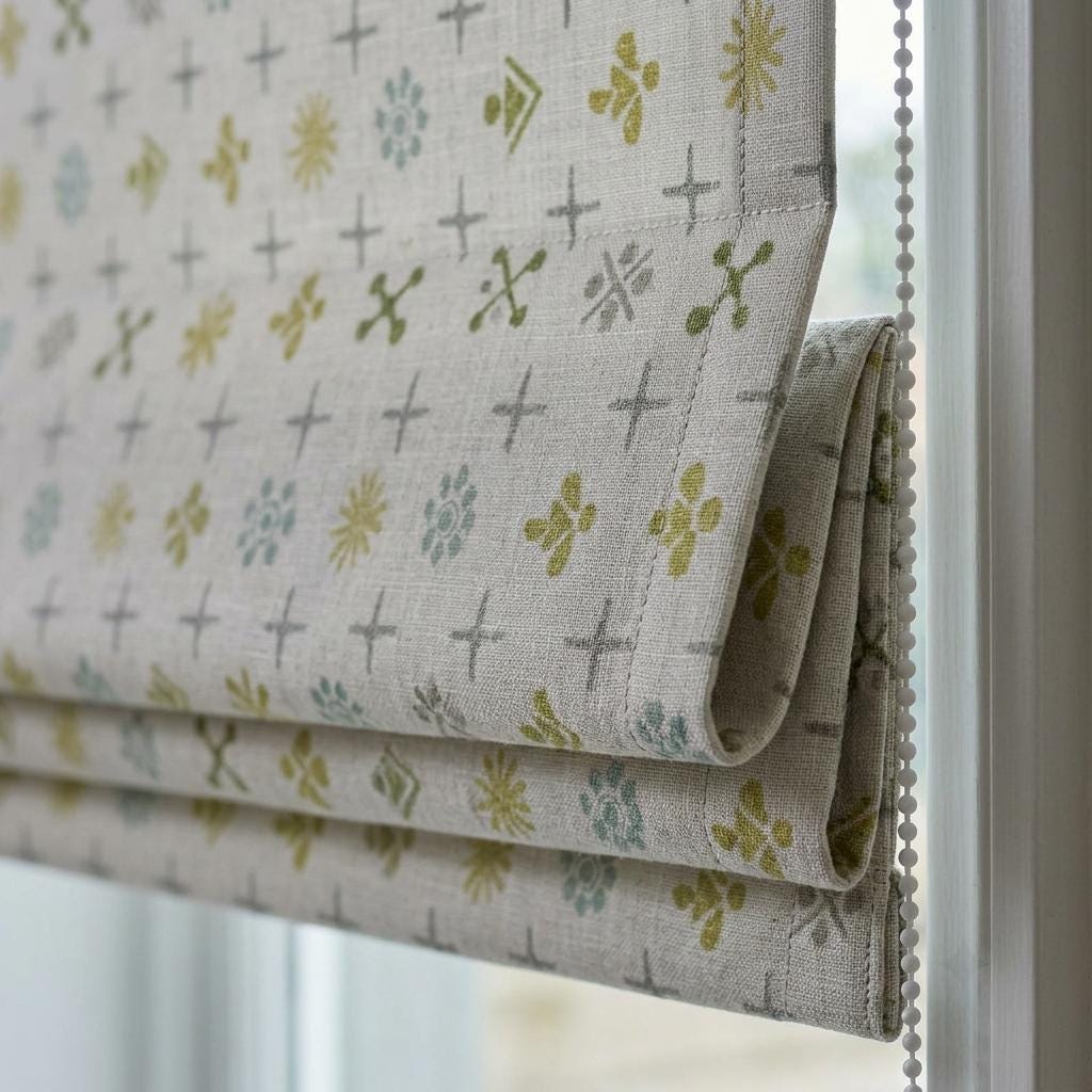 Natural Gray Linen Roman Shade, Olive Sage Mid Century Atomic Print Custom Blind, Blackout or Light Filtering Window Shade — image 5