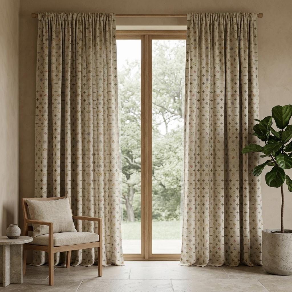 Natural Ivory Pure Linen Curtains, Olive Pink Mustard Mid Century Atomic Print Drapes, Custom Blackout or Light Filtering Panels — image 4