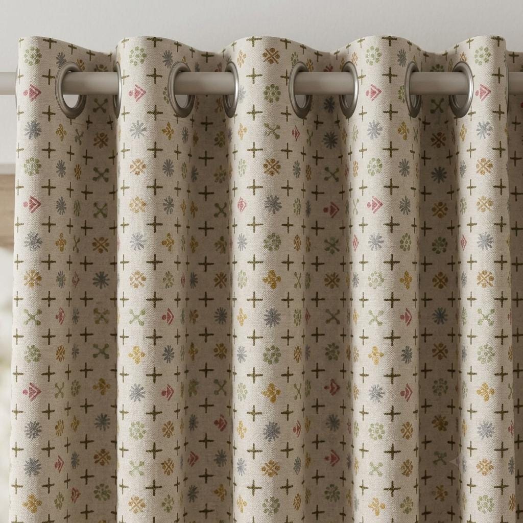 Natural Ivory Pure Linen Curtains, Olive Pink Mustard Mid Century Atomic Print Drapes, Custom Blackout or Light Filtering Panels — image 5