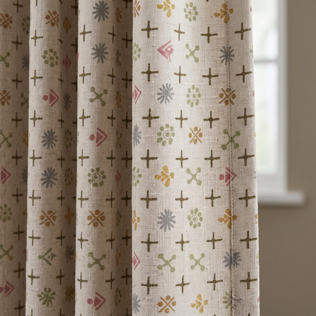 Natural Ivory Pure Linen Curtains, Olive Pink Mustard Mid Century Atomic Print Drapes, Custom Blackout or Light Filtering Panels — image 1