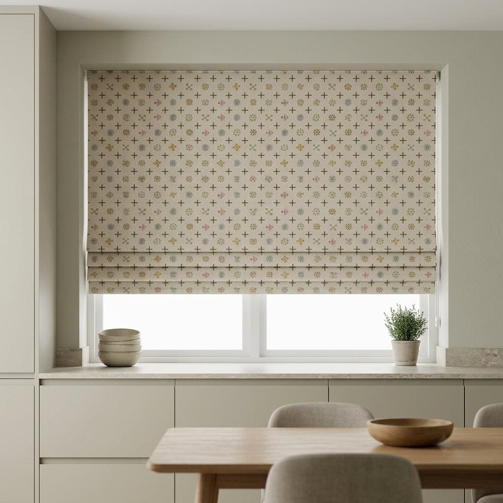 Cream Olive Linen Roman Shade, Pink Gray Mid Century Atomic Print Custom Blind, Blackout or Light Filtering Window Shade — image 7