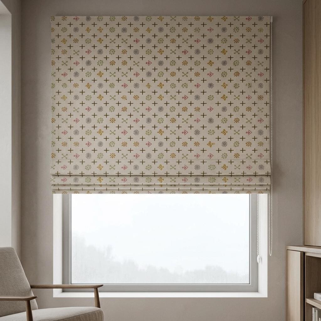 Cream Olive Linen Roman Shade, Pink Gray Mid Century Atomic Print Custom Blind, Blackout or Light Filtering Window Shade — image 3