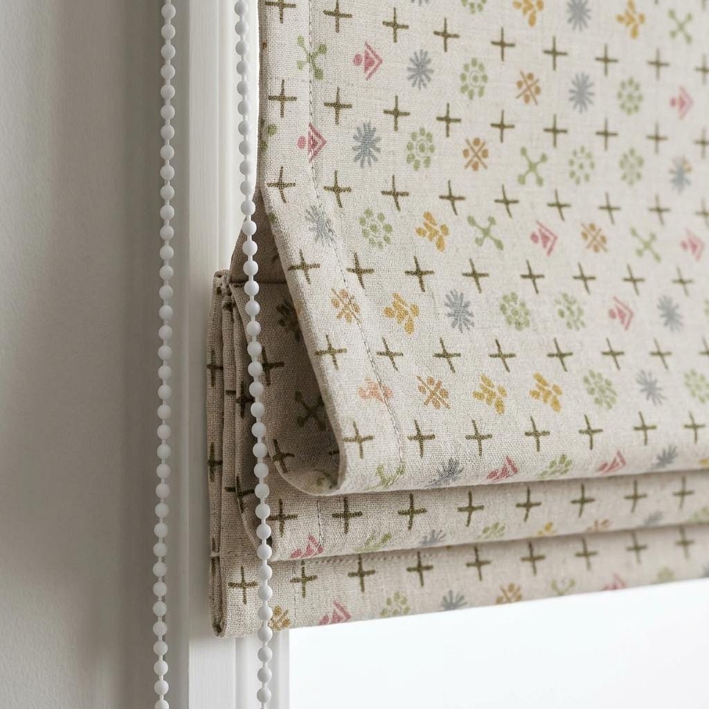 Cream Olive Linen Roman Shade, Pink Gray Mid Century Atomic Print Custom Blind, Blackout or Light Filtering Window Shade — image 2