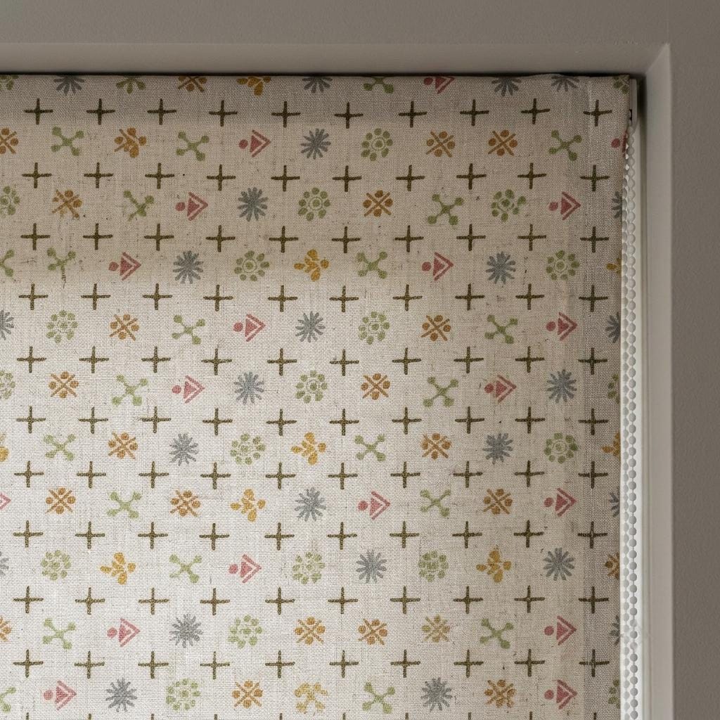 Cream Olive Linen Roman Shade, Pink Gray Mid Century Atomic Print Custom Blind, Blackout or Light Filtering Window Shade — image 4